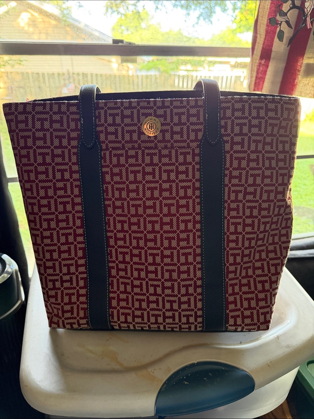 Tommy Hilfiger Burgundy Patterned Canvas Tote with Blue Trim